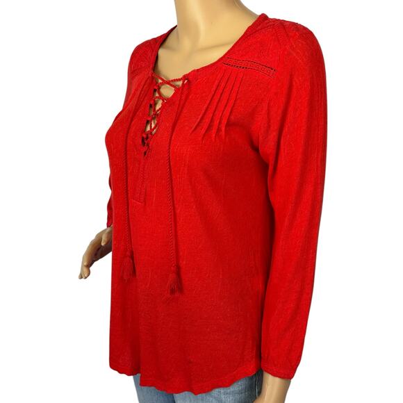 2/$15 Lucky Brand Lace-Up Embroidered Peasant Top Red Boho Tassel Size XS - Picture 4 of 9